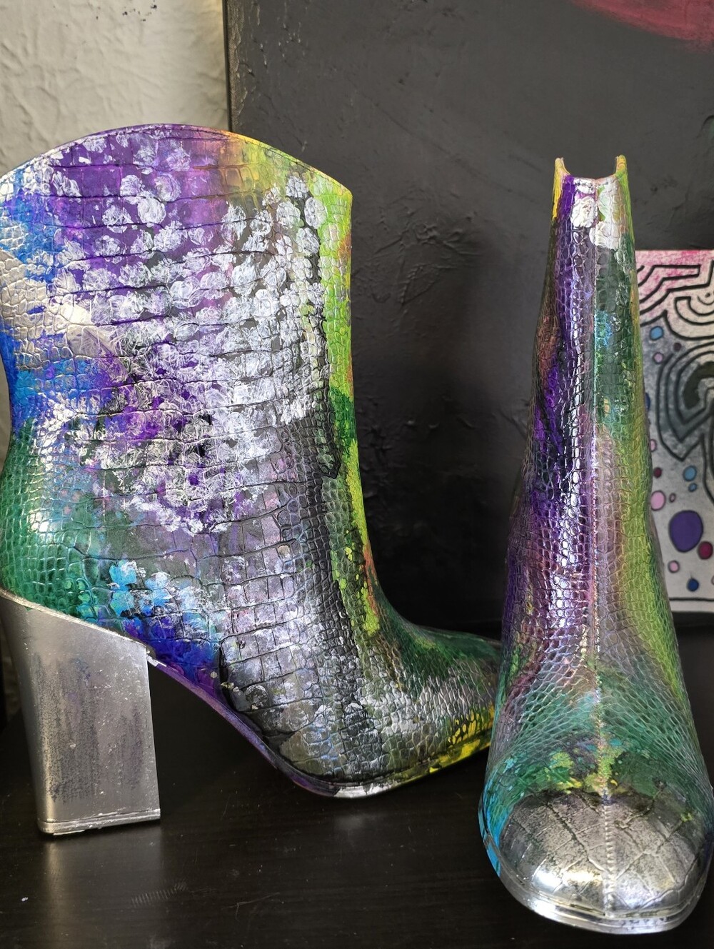HANDCRAFTED Upcycled Ankle Boots HANDPAINTED Size 9.5 Bootie Snake Print Texture